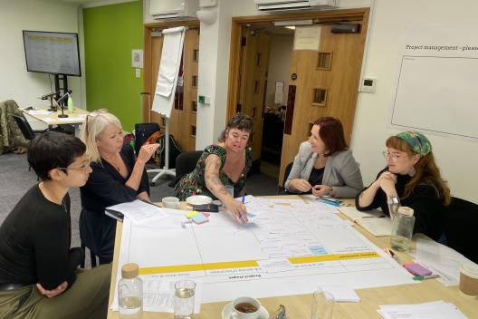The innovation unit team work at a table with a big piece of paper