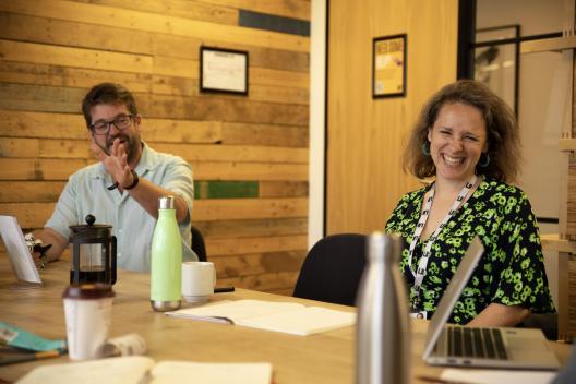 Sarah Gillinson & Matthew Horne laughing at the camera