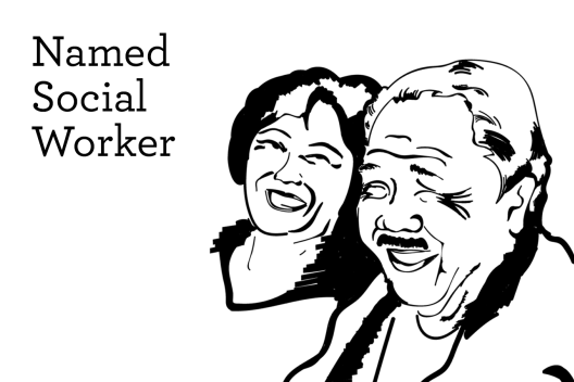 Text reading 'named social worker' and a black and white graphic of two people smiling