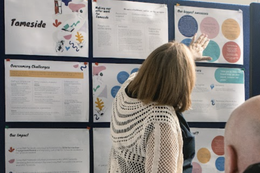A woman pointing to some posters
