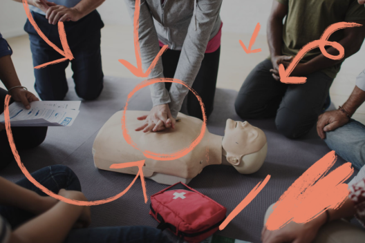 CPR First Aid Training Concept with scribbles and arrows