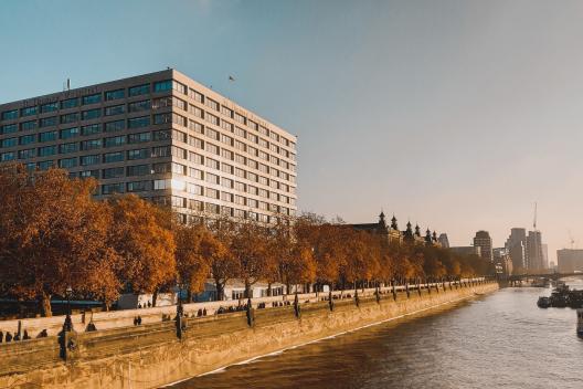 A large building by a river
