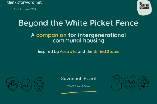 A dark green slide reading 'Beyond the White Picket Fence  A companion for intergenerational  communal housing   Inspired by Australia and the United States'