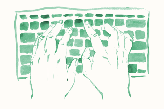 Green watercolour, hands typing