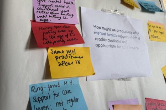 A cluster of colourful post it notes on a flip chart board. 