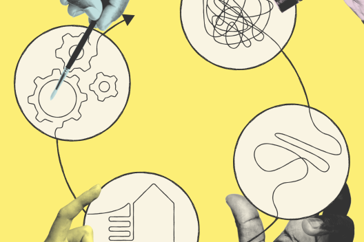 An illustration, four hands are each drawing, holding and interacting with a different image 