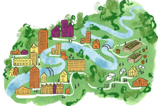 A drawing in green, blue, orange and purple, of a neighbourhood with a river running through it