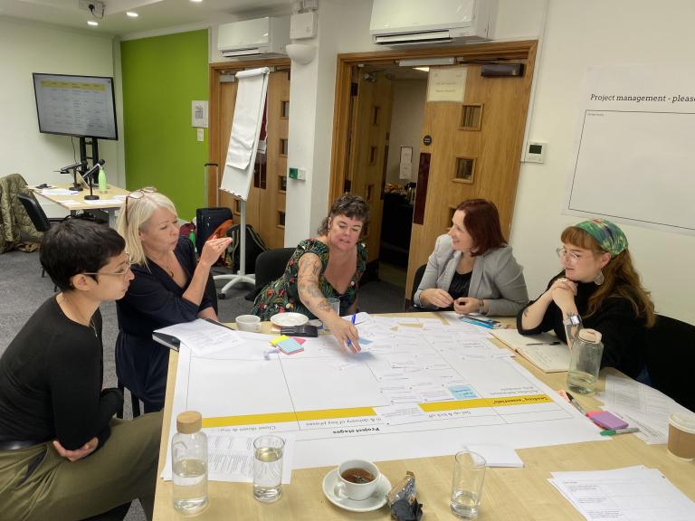 The innovation unit team work at a table with a big piece of paper