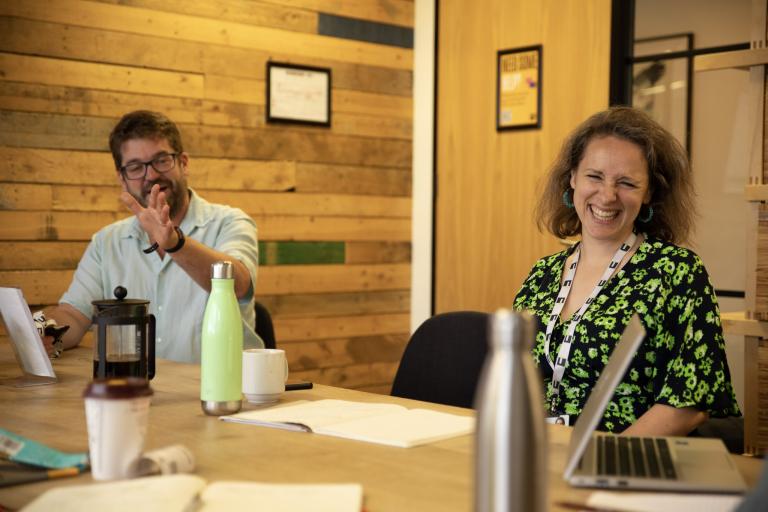 Sarah Gillinson & Matthew Horne laughing at the camera