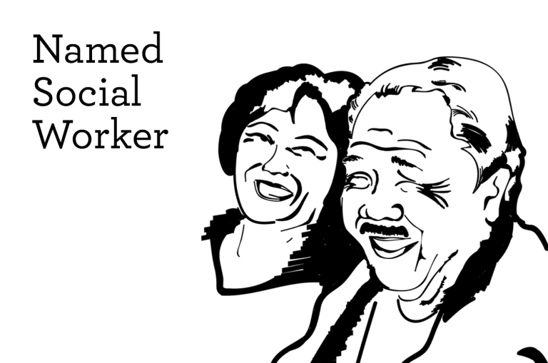 Text reading 'named social worker' and a black and white graphic of two people smiling