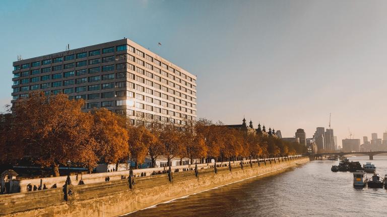 A large building by a river