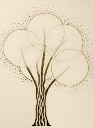 A pencil drawing of a tree with five branches