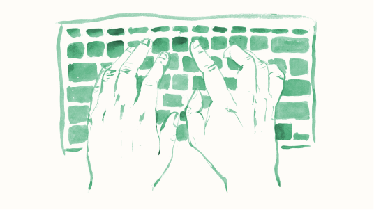 A pair of hands typing on a keyboard in green watercolour