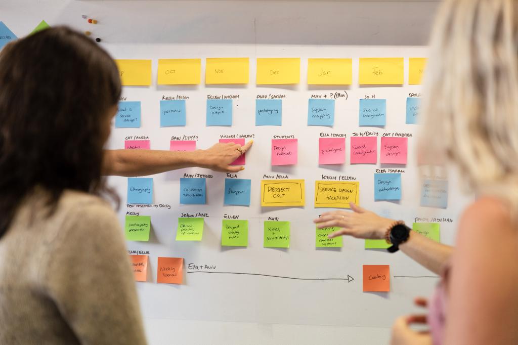 people standing and sitting around a whiteboard covered in post-its. credit fred moon
