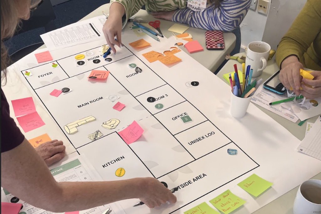 People designing the York Community Hub on paper with post its and pens