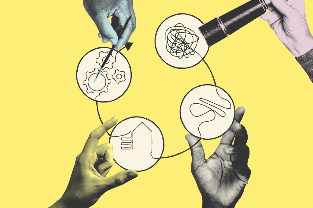 An illustration, four hands are each drawing, holding and interacting with a different image 