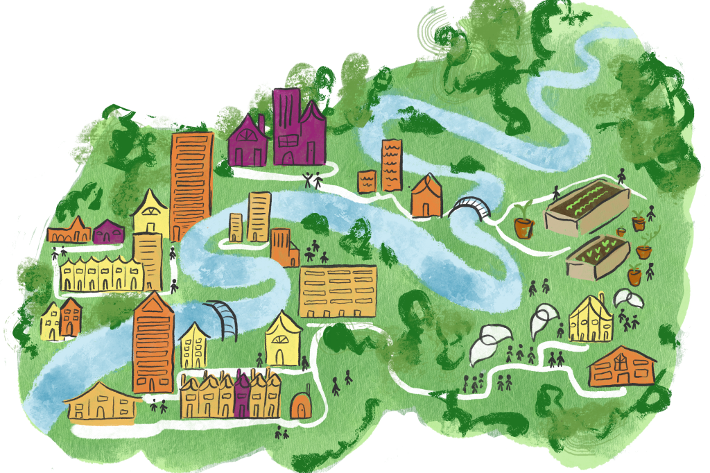 A drawing in green, blue, orange and purple, of a neighbourhood with a river running through it