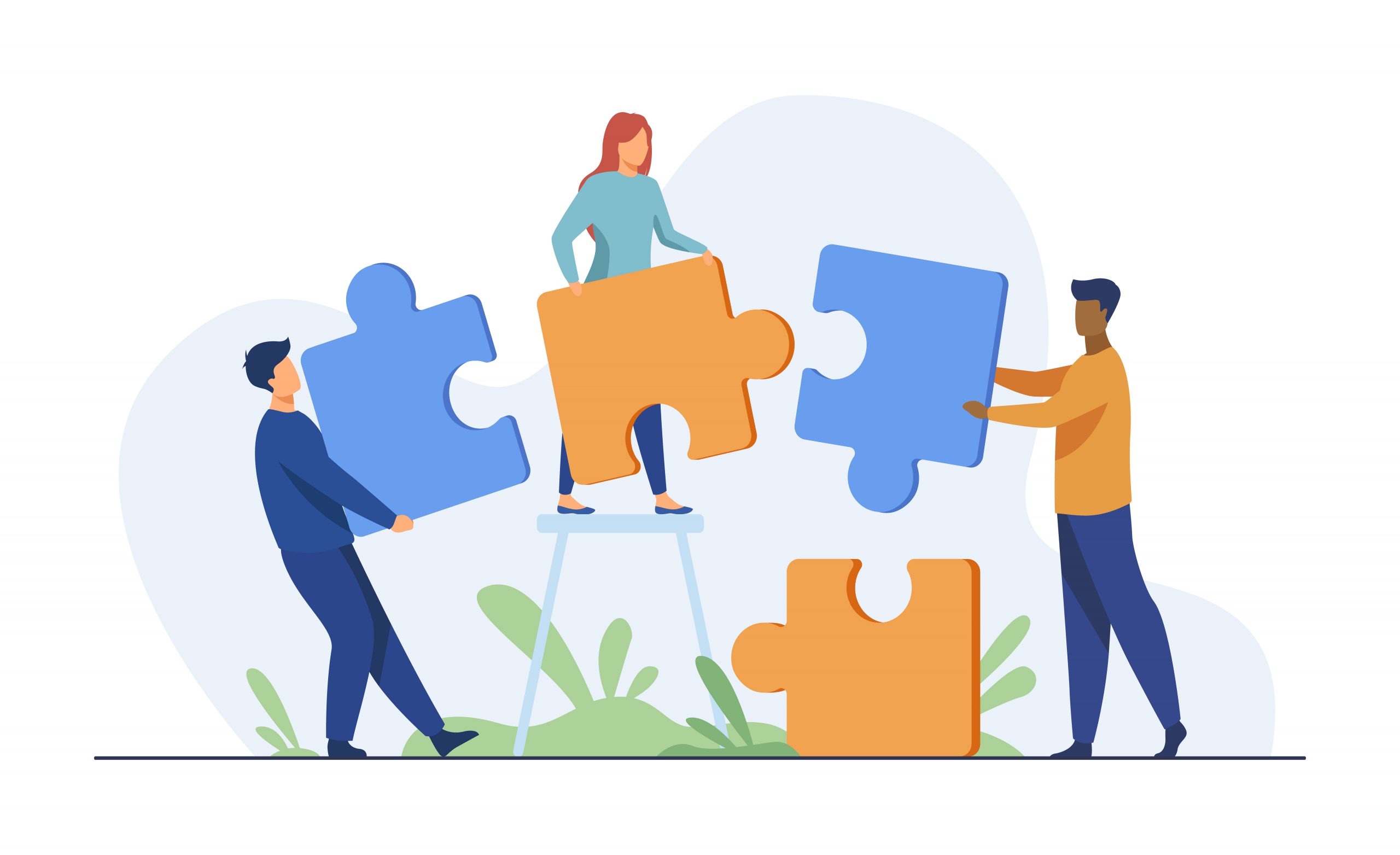 Partners holding big jigsaw puzzle pieces flat vector illustration. Successful partnership, communication and collaboration metaphor. Teamwork and business cooperation concept.