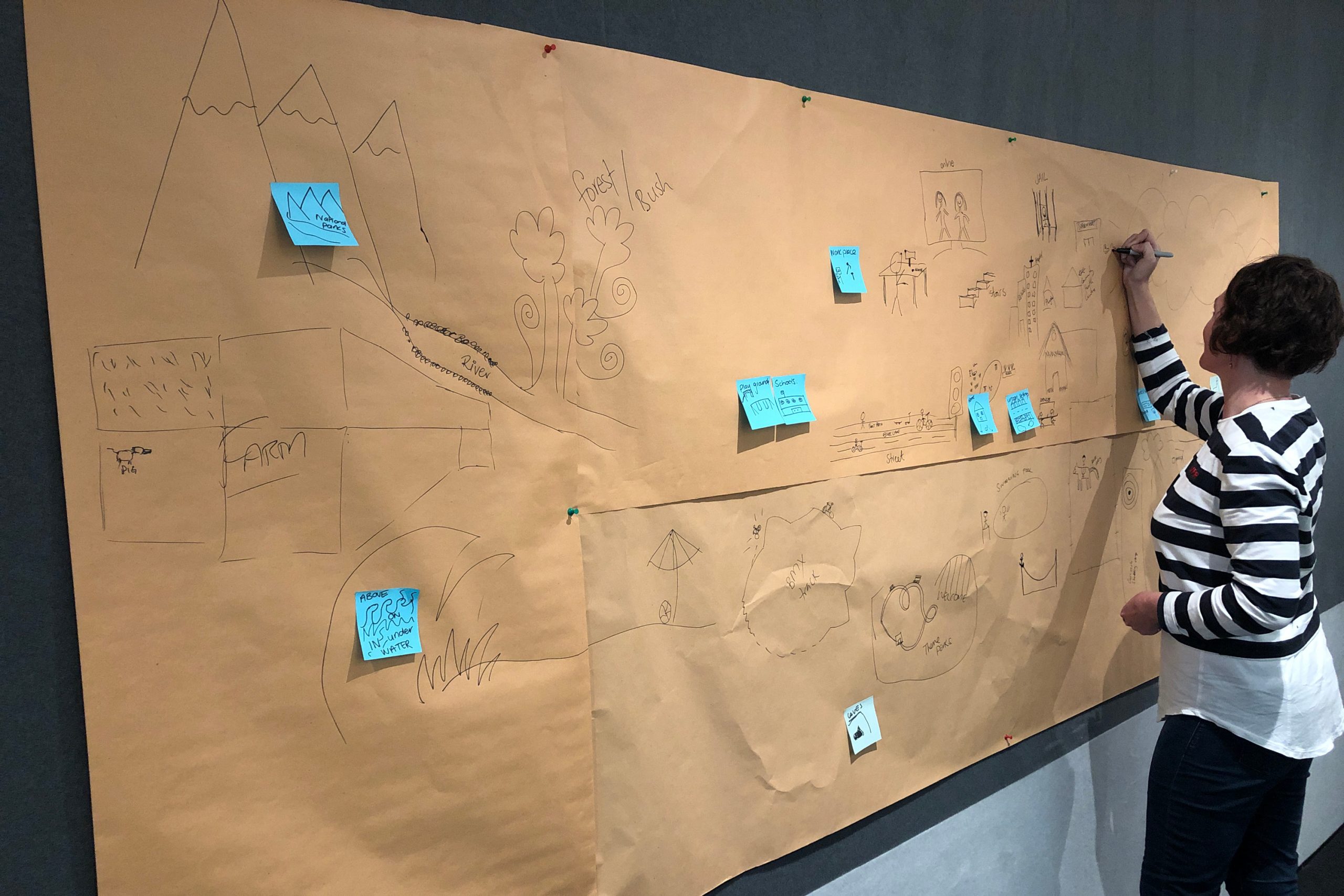 Photo of a Sport New Zealand Ihi Aotearoa staff member drawing some of the places New Zealanders are active
