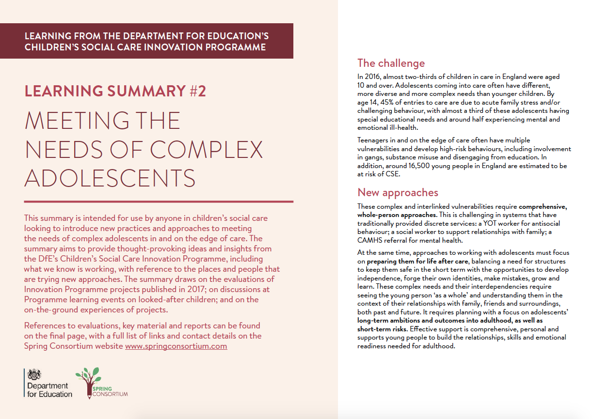 DfE LEARNING SUMMARY #2 MEETING THE NEEDS OF COMPLEX ADOLESCENTS