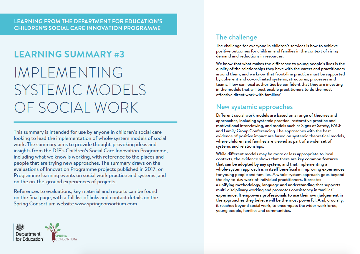 CHILDREN'S SOCIAL CARE INNOVATION PROGRAMME IMPLEMENTING SYSTEMIC MODELS OF SOCIAL WORK